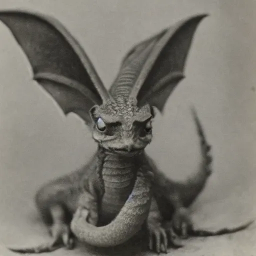 Image similar to victorian photograph of a baby dragon, cute, scaly, grainy photo, blurry, 1 9 0 0, 1 8 8 0 s