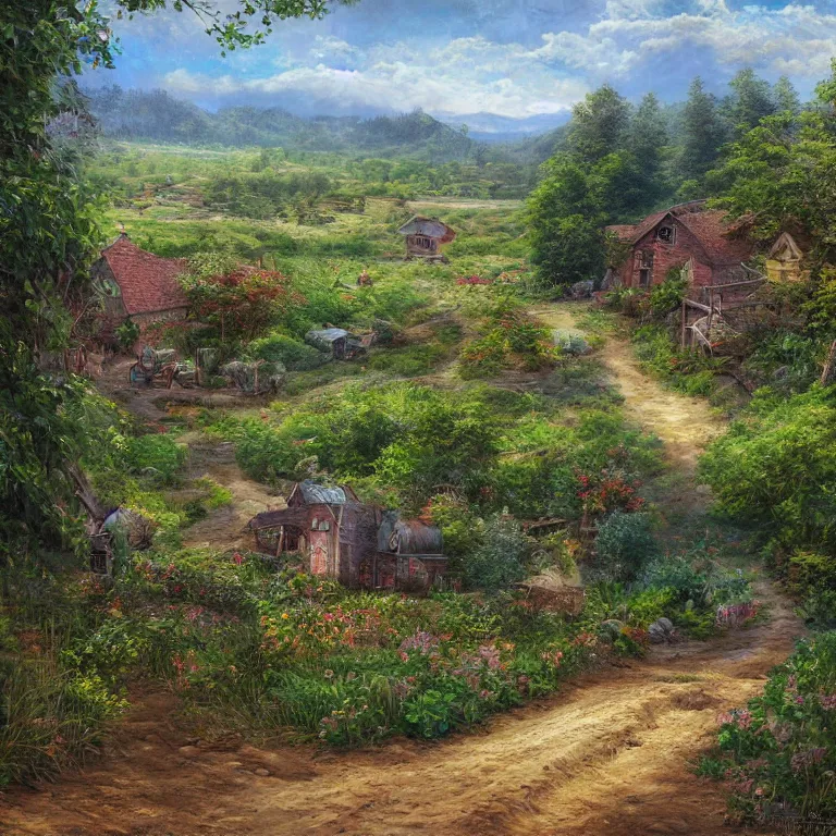 Prompt: view down a dirt road of a valley farmstead with gardens by Walt Curlee, fantasy art, folk art, 4k