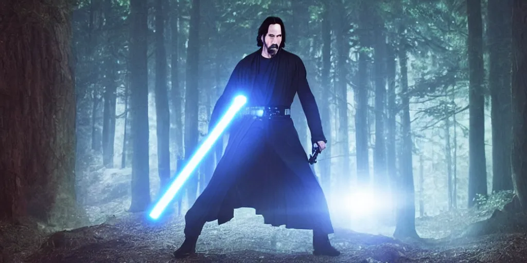 Image similar to keanu reeves as a jedi master with a blue lightsaber fighting a sith lord in an ancient bioluminescent forest, perfect symmetrical face, full moon, moody lighting, 8 k, shallow depth of field, intricate detail,