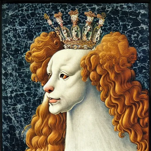 Image similar to portrait of a white poodle with curly white fur and curly white hair as an italian queen, painting by botticelli, 1 4 8 0 s