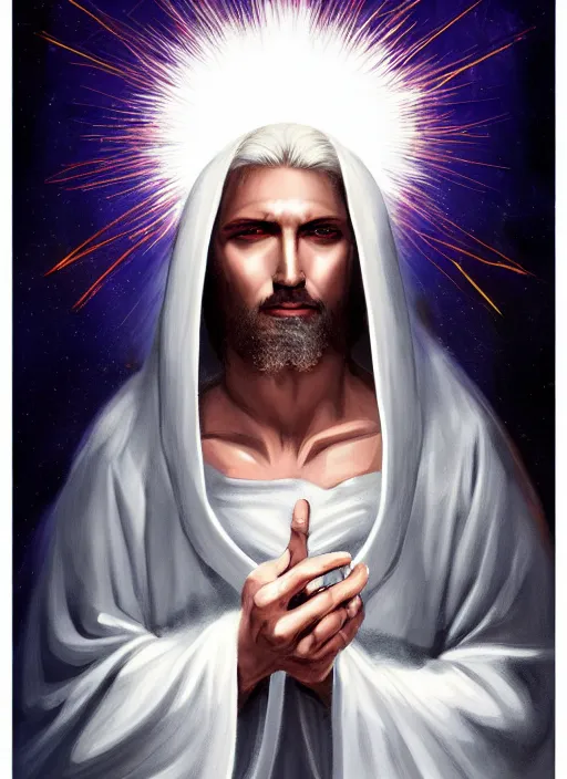 Prompt: « portrait of the white - haired jesus in a white robe and flaming yellow eyes, holding seven stars in right hand, grim - lighting, high - contrast, intricate, elegant, highly detailed, digital painting, artstation, concept art, smooth, sharp focus, illustration »