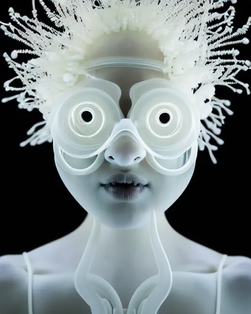 Image similar to symmetrical portrait of a woman wearing a white embroidered translucent silicone mask and white frizzy hair buns, wearing a black bodysuit by alexander mcqueen, standing in a sterile room full of translucent silicone flowers and plants, white background, soft diffused light, biotechnology, humanoide robot, futuristic aesthetic, translucent, ethereal, intricate details, highly detailed, masterpiece,