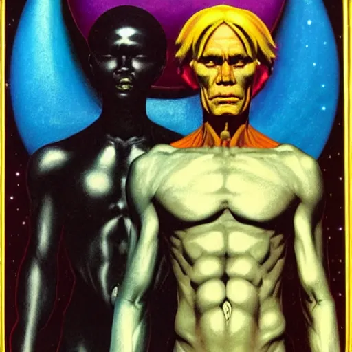 Image similar to the creator of the universe, pitch black masculine figure, gerald brom and andy warhol, cosmic horror, planet earth