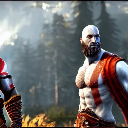 Prompt: an in game screenshot of jeff bezos in God of War dressed as Kratos