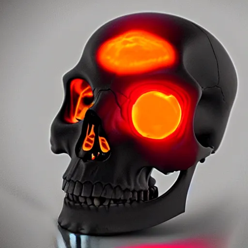 Image similar to real human skull with robotic circular orange light electronic eyes in eye sockets