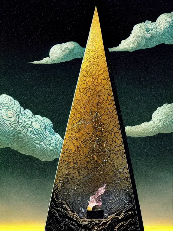 Image similar to black electric flames of silver engulfing an obsidian obelisk by victo ngai and karol bak, rococo, smoky, highly detailed, hyperrealistic, energy, low light, high contrast, bright sky