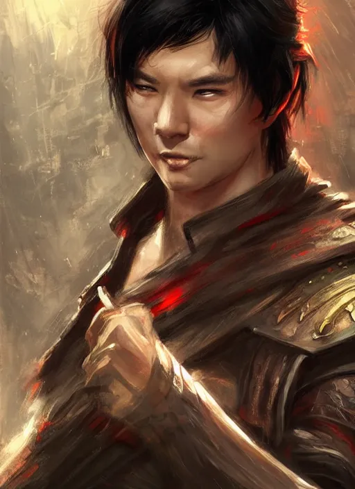 Image similar to asian with medium black hair man, helpless point of view, camera low angle, dndbeyond, bright, colourful, realistic, dnd character portrait, full body, pathfinder, pinterest, art by ralph horsley, dnd, rpg, lotr game design fanart by concept art, behance hd, artstation, deviantart, hdr render in unreal engine 5