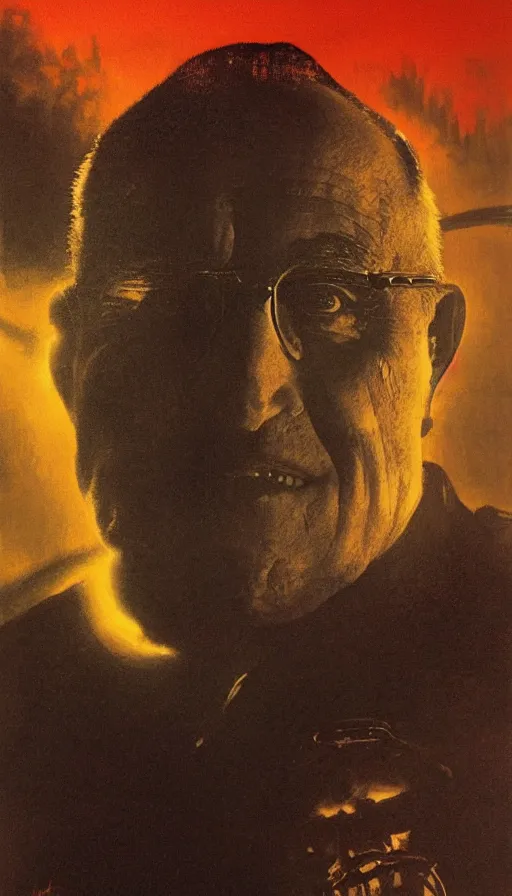 Prompt: rudy giuliani's face close up on the apocalypse now poster, red sunset, snake river in the jungle, black helicopters, air brush, oil paint, radiant light, caustics, heroic, bright iridescent light, by gaston bussiere, bayard wu, greg rutkowski, maxim verehin