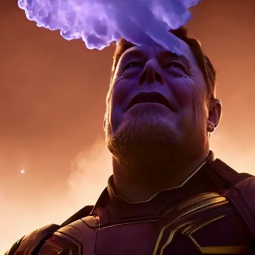 Prompt: elon musk as thanos exhaling a large smoke cloud from his bong, movie still, cinematic lighting