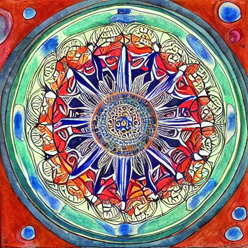 Image similar to a mandala drawn and painted by Carl Jung, detailed penciling, watercolor, pen and ink,