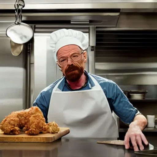 Image similar to Walter White as a chef making fried chicken in a kitchen