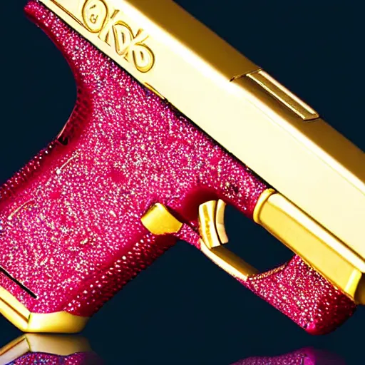 Image similar to a medium shot photograph of a gold glock 18 encrusted with gemstones against a smooth red silk background