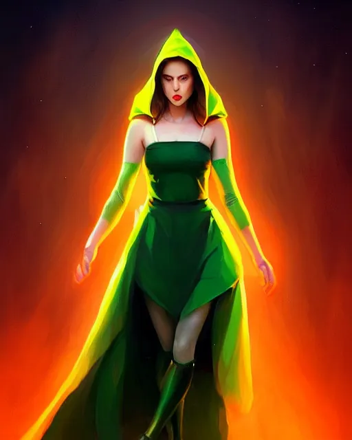 Image similar to artgerm, Mandy Jurgens art, Irina French art, cinematics lighting, beautiful Anna Kendrick supervillain, green dress with a black hood, angry, symmetrical face, Symmetrical eyes, full body, flying in the air over city, night time, red mood in background