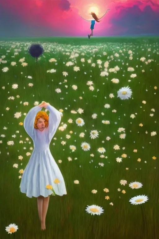 Image similar to giant white daisy flower as head, girl dancing in a flower field, surreal photography, sunrise, dramatic light, impressionist painting, colorful clouds, digital painting, artstation, simon stalenhag