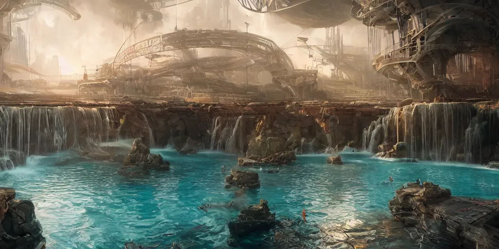 Image similar to beautiful pool waterfalls surrounded by alien robots, steel archways, industrial buildings, rusty metal towers, sun setting, ross tran, fantasy, james jean, peter morbacher, angelarium, alchemy, luxury, heavenly light, soft illumination, trending on artstation, cinematic lighting, digital painting, octane render, artgerm