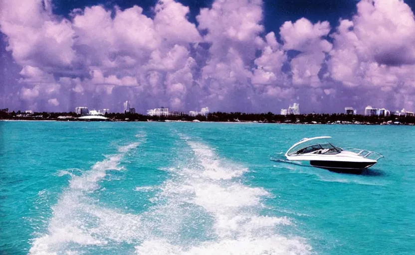 Image similar to photorealistic picture of a sport boat driving in turquoise water. miami. 8 0's style