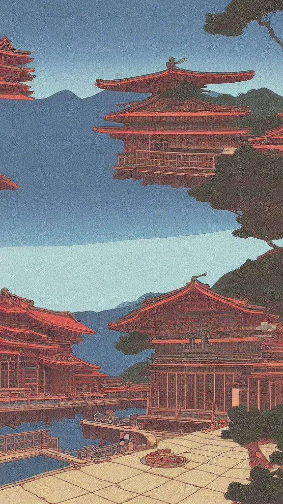 Prompt: a beautiful ancient bathhouse with a bathing alien creature at sunrise by hasui kawase