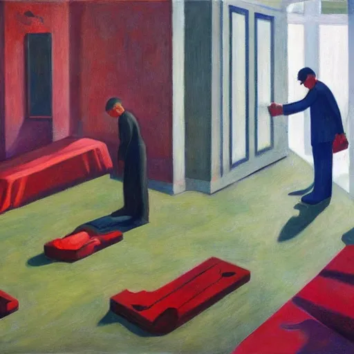 Image similar to people sleeping on slabs, dystopian, pj crook, edward hopper, oil on canvas