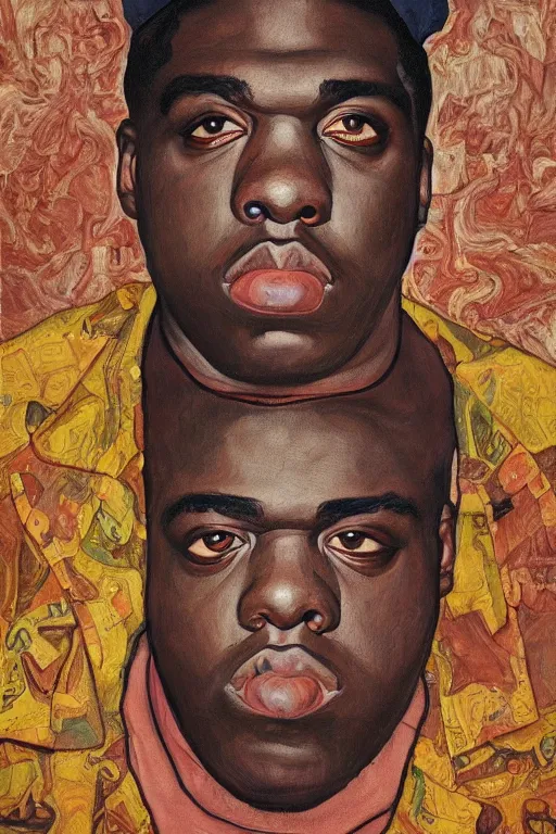 Image similar to a portrait of biggie smalls in style of egon schiele, masterpiece, hyperdetailed, complex, intricate, old school, 9 0 s, notorious b. i. g. style, 4 k, trending on artstation