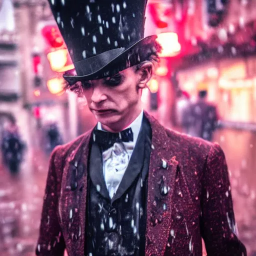 Image similar to cinestill 5 0 d candid photographic portrait by david cronenberg of baroque steampunk cyborg gentleman wearing a red edwardian suit and top hat, floral growths, modern cyberpunk moody emotional cinematic, closeup, pouring rain menacing lights shadows, 8 k, hd, high resolution, 3 5 mm, f / 3 2, ultra realistic faces, ex machina