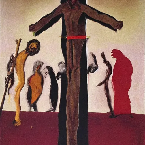 Image similar to francis bacon painting, figures at the base of a crucifixion, boris johnson