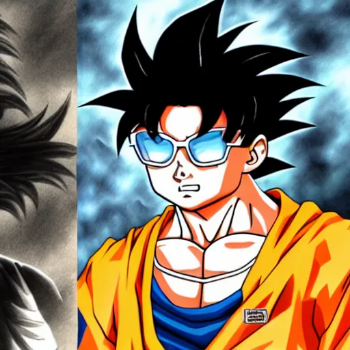 Image similar to portrait of goku from dragon ball wearing shades with michael jackson incredibly detailed, color, smooth, concept art, illustration,