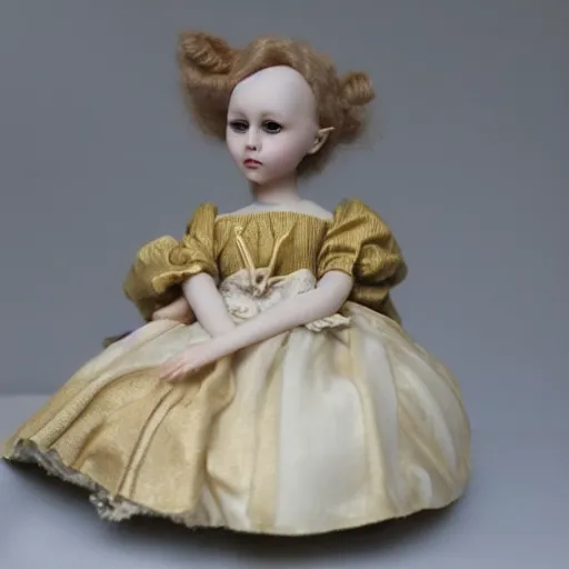 Image similar to alice in wonderland. porcelain doll. fragile. pastels. alabaster skin. realistic, skin - like matte finish. french doll. bisque. gold paint accents. photorealistic