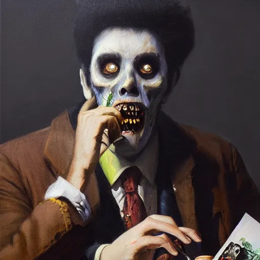 Image similar to UHD tonalism painting of Zombie Elvis playing poker, by Antonio Caparo and Ferdinand Knab and Greg Rutkowski, UHD, photorealistic, trending on artstation, trending on deviantart