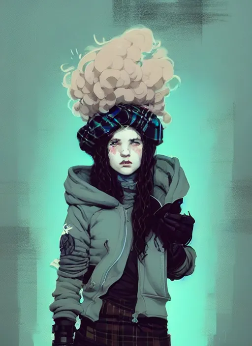 Image similar to highly detailed portrait of a sewer punk lady, tartan hoody, ringlet hair by atey ghailan, by greg rutkowski, by greg tocchini, by james gilleard, by joe fenton, by kaethe butcher, gradient light blue, black, cream and white color scheme, grunge aesthetic!!! ( ( graffiti tag wall background ) )