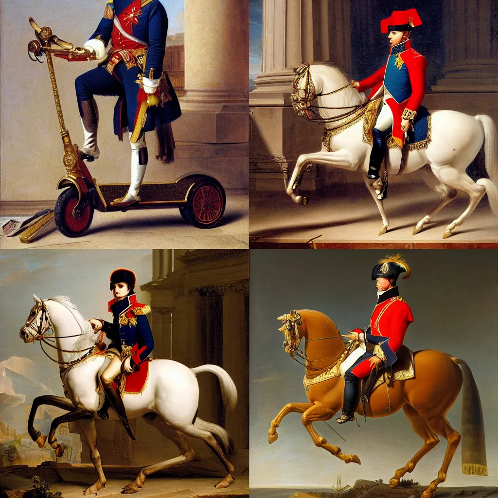 Prompt: Napoleon Bonaparte and an electric scooter, intricate details, intricately detailed clothing, oil on canvas by Jacques-Louis David, 8k