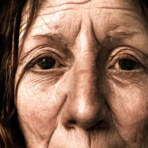 Prompt: A woman with Werner's Syndrome, close-up, portrait imagery, photorealistic imagery