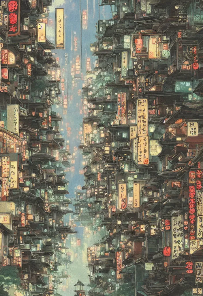 Image similar to a beautiful japanese city in the mountain, amazing ryokans and gorgeous edo era houses, yokai characters. epic cyberpunk. visible pipes, lanterns, lofi vibe, vivide colors, amazing light, light beams with dust, mesmerizing nature, by jeremy lipkin, by claude monet, by makoto shinkai, futuristic city, inspired by ghibli, masterpiece