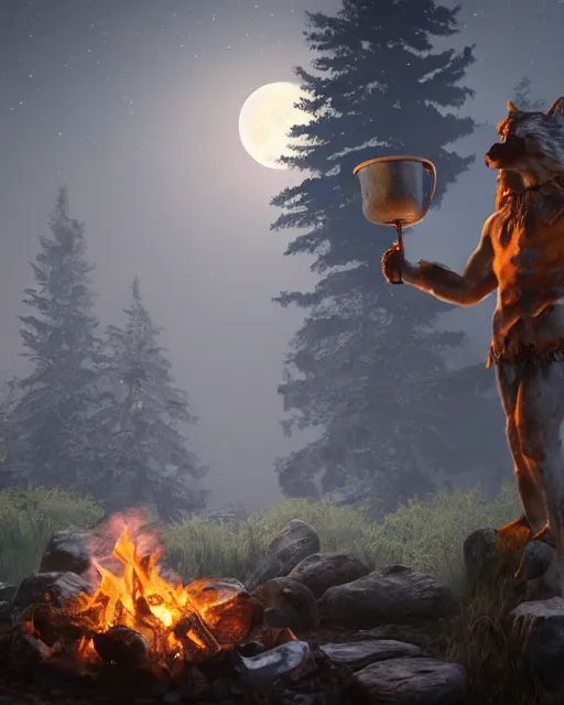 Prompt: spartan drinking tea at campfire with trichocereus background and smoke haze, wolf howling at full moon, photo in the style of the celestine prophecy, artstation, deviantart, professional, unreal engine 5, octane render