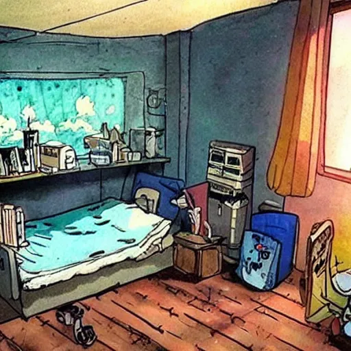 Prompt: a teenage boy's dark and slightly messy bedroom, super detail, studio ghibli