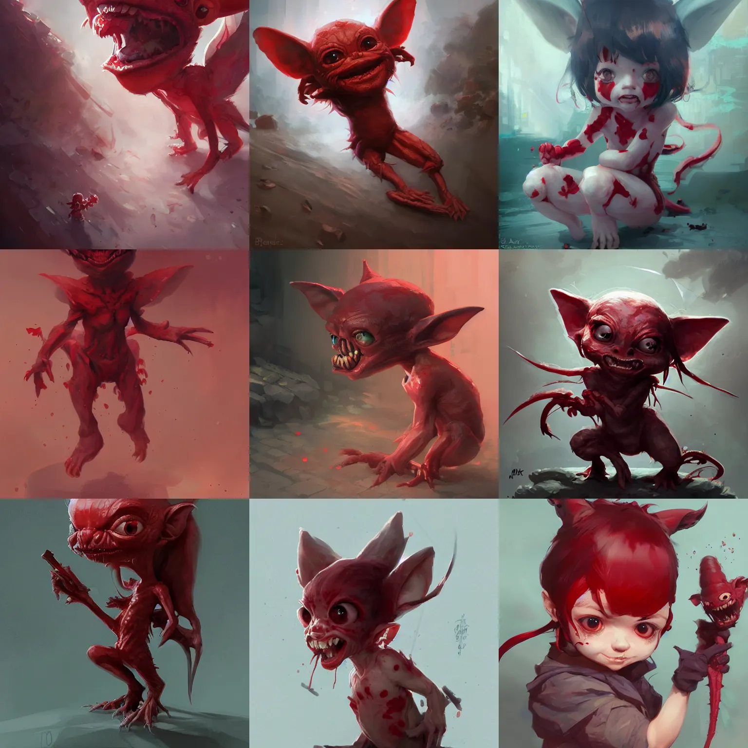 Prompt: A cute blood gremlin, by Stanley Artgerm Lau, WLOP, Rossdraws, James Jean, Andrei Riabovitchev, Marc Simonetti, and Greg Rutkowski, trending on artstation