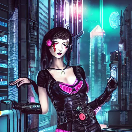 Image similar to a cyberpunk world and a gothic girl