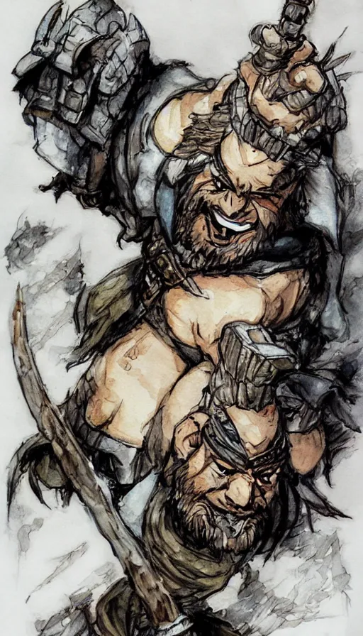 Image similar to Dwarf Barbarian, drawn by Yoji Shinkawa, water color, Dungeons and Dragons, Wizards of the Coast