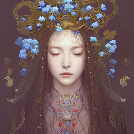 Image similar to breathtaking detailed concept art painting of the goddess of nemophila flowers, orthodox saint, with anxious, piercing eyes, ornate background, amalgamation of leaves and flowers, by Hsiao-Ron Cheng, James jean, Miho Hirano, Hayao Miyazaki, extremely moody lighting, 8K