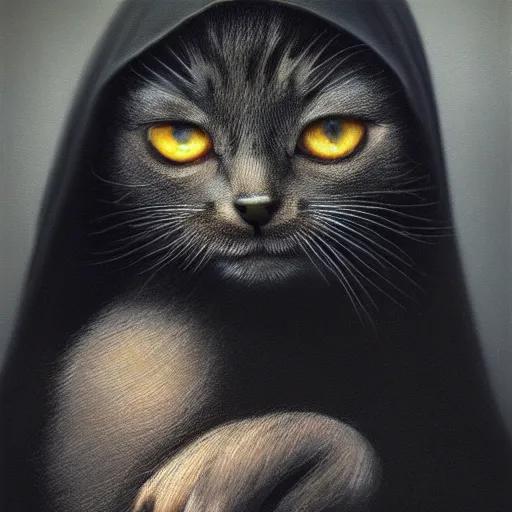 Image similar to a portrait of a kitten wearing a black hood, cloak covering face, anatomically correct, beautiful perfect face, enigmatic, oil painting, matte, black background, Volumetric dynamic lighting, Highly Detailed, Cinematic Lighting, Unreal Engine, 8k, HD, by Beksinski