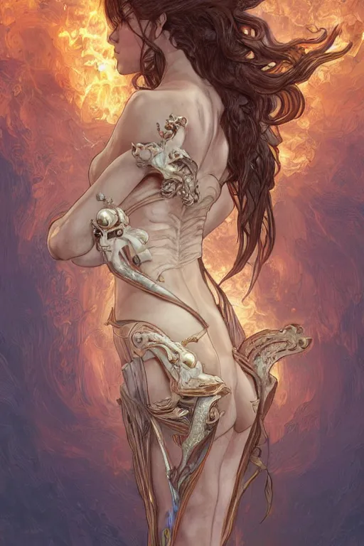 Prompt: fire in the shape of a woman, anatomy, cute, fantasy, intricate, elegant, highly detailed, digital painting, 4 k, hdr, concept art, smooth, sharp focus, illustration, art by artgerm and h r giger and alphonse mucha