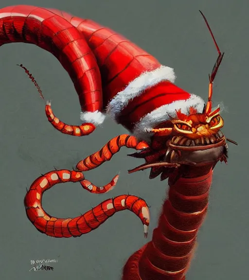 Prompt: painting of a mischievous giant centipede wearing a Santa hat, fantasy, Artgerm, Rutkowski, artstation, trending