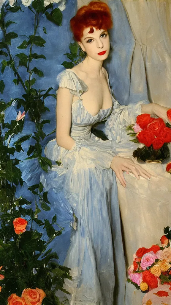 Image similar to portrait of young julee cruise in detailed golden sleeve balloon dress beside a pot of red roses, a persian blue detailed curtain in back painted by john singer sargent