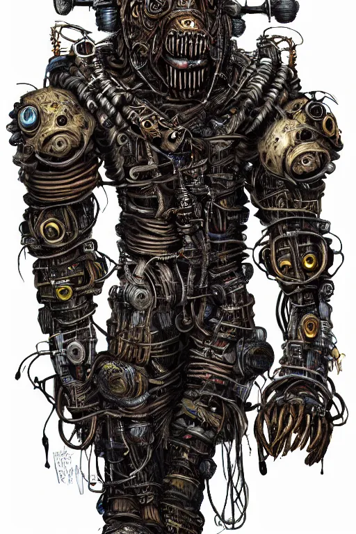 Image similar to wild monstorous anthropomorphic biomechanical bear shaman-warrior wearing and voodoo artifacts. Wearing dreadlocks made of cables and wires. Upgraded with hightech cyberwares. huge, big, giant bear human hybrid, mecha animal, tall, detailed woodcut armor, terrifying and dangerous, scary, beautiful, steampunk monster android hybrid art portrait, matte scifi fantasy painting, half robot half bear. DeviantArt Artstation, by Jason Felix by Steve Argyle by Tyler Jacobson by Peter Mohrbacher, cinematic lighting