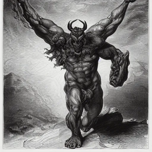 Image similar to full body grayscale drawing by Gustave Dore of muscled humanoid balrog beast with horns in heroic pose, swirling flames in background