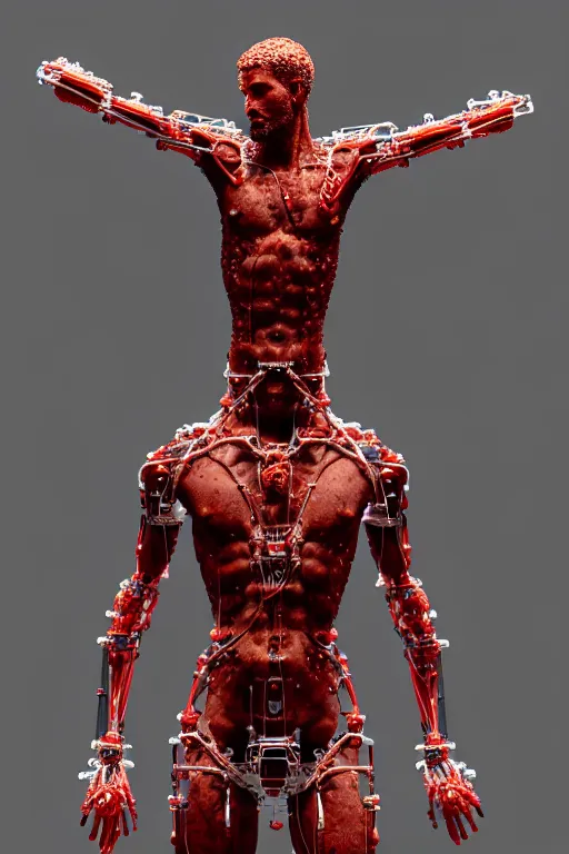 Image similar to a statue jesus on cross made of red marble with wires, tubes, veins, perfect symmetrical body, full body shot, inflateble shapes, white biomechanicaldetails, wearing epic bionic cyborg implants, masterpiece, intricate, biopunk, vogue, highly detailed, artstation, concept art, cyberpunk, octane render