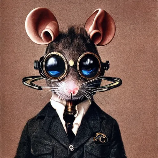 Image similar to a rat with steampunk googles, by Gottfried Helnwein