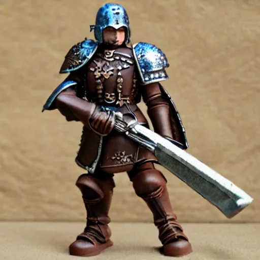 Image similar to warhammer fantasy battle, empire handgunner, detailed human face, brown hair, detailed blue eyes, strong arms, armored legs, torso plate armor, anatomically correct, realistic, hyper realistic, miniature, model, 3 d printed, base