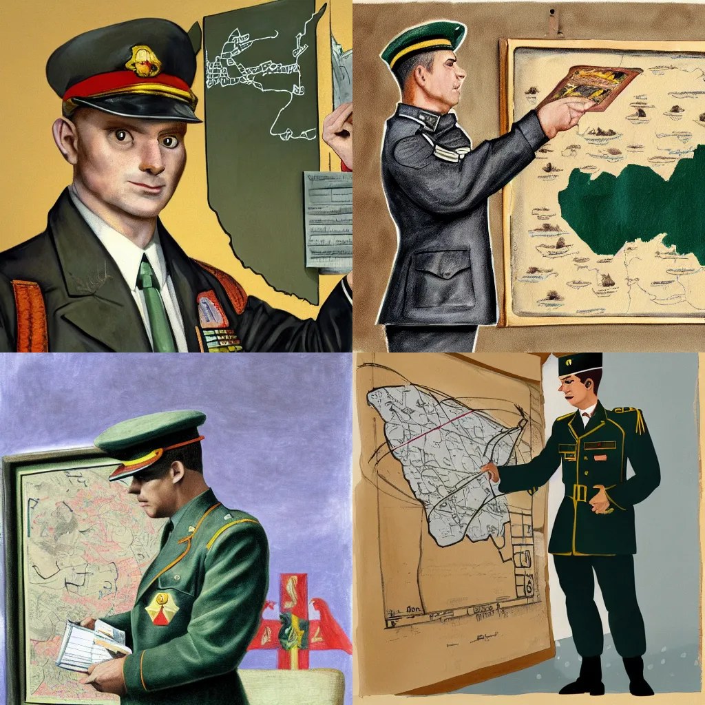 Image similar to painting of a cat in military uniform pointing at a map in a briefing