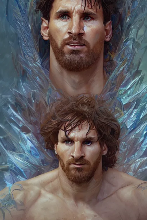 Image similar to portrait of lionel messi as a hulking herculean demon, forest, godlike, full body, fantasy, intricate, elegant, highly detailed, digital painting, artstation, concept art, sharp focus, illustration, art by artgerm and greg rutkowski and alphonse mucha