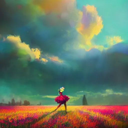 Prompt: girl with a flower head, surreal photography, dream, standing in flower field, magical, in a valley, sunrise dramatic light, impressionist painting, colorful clouds, artstation, simon stalenhag